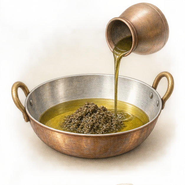 Illustration of herbal liquid being added to oil and herbal paste in a traditional vessel