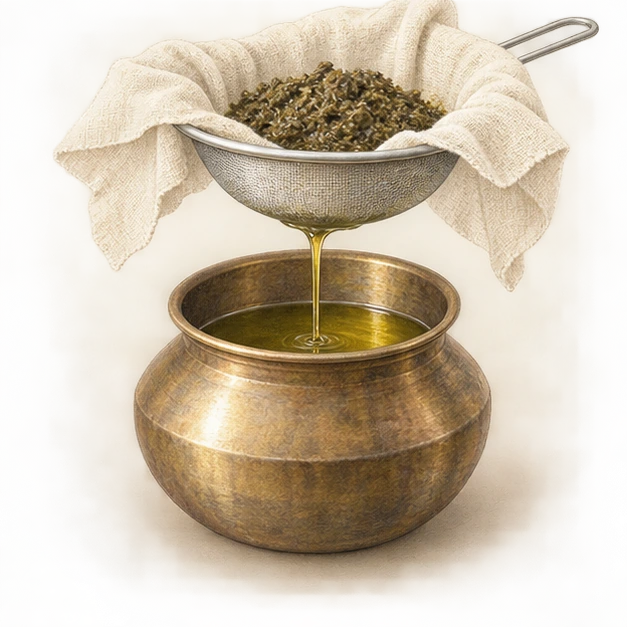 Illustration of herbal oil passing through cloth while plant solids remain behind