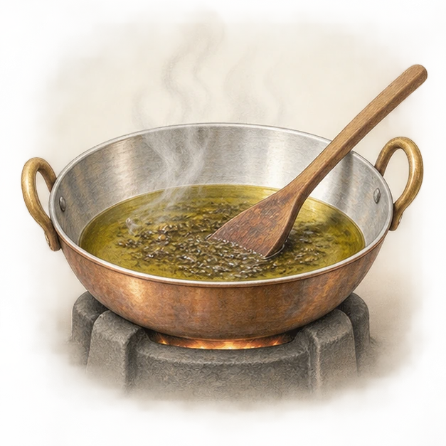 Illustration of a gently heated herbal-oil mixture with steam and a stirring spatula