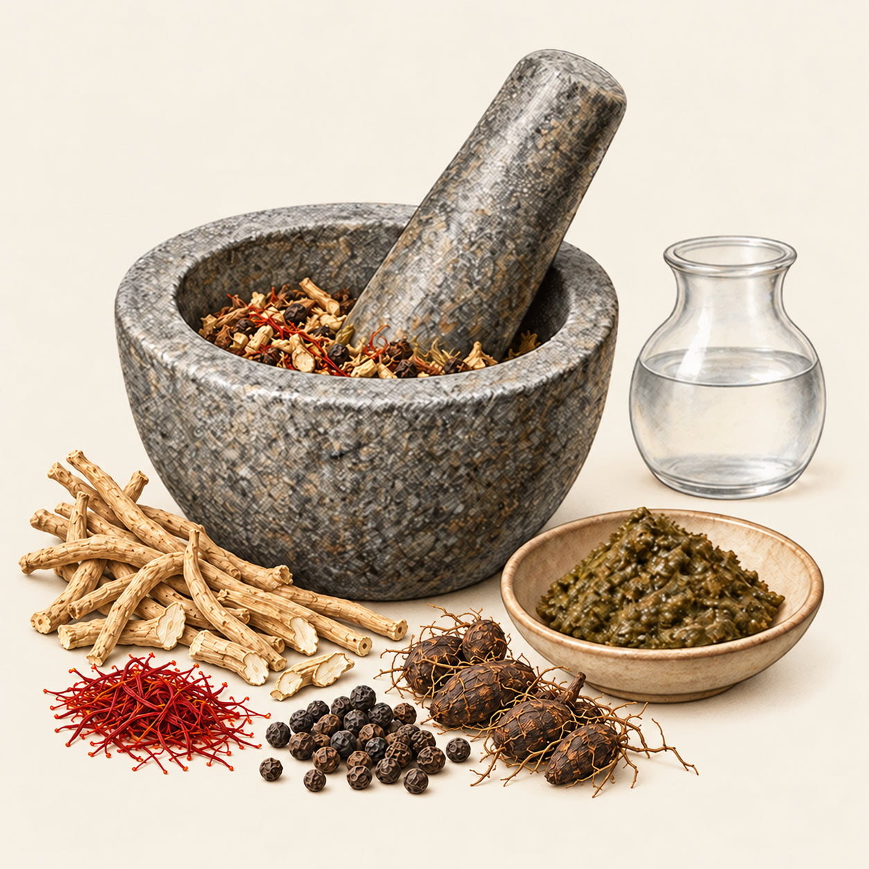 Ashwagandha roots, saffron threads, black pepper and Nagarmootha rhizomes beside a stone mortar, water vessel and prepared herbal paste