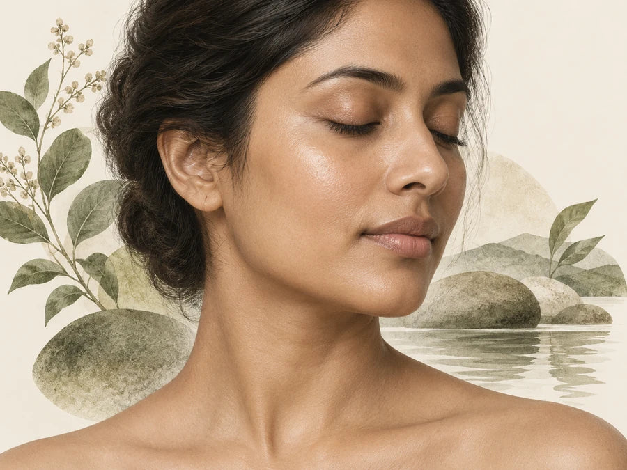 Illustrative skin study with a subtle dewy sheen, still water and muted olive tones.