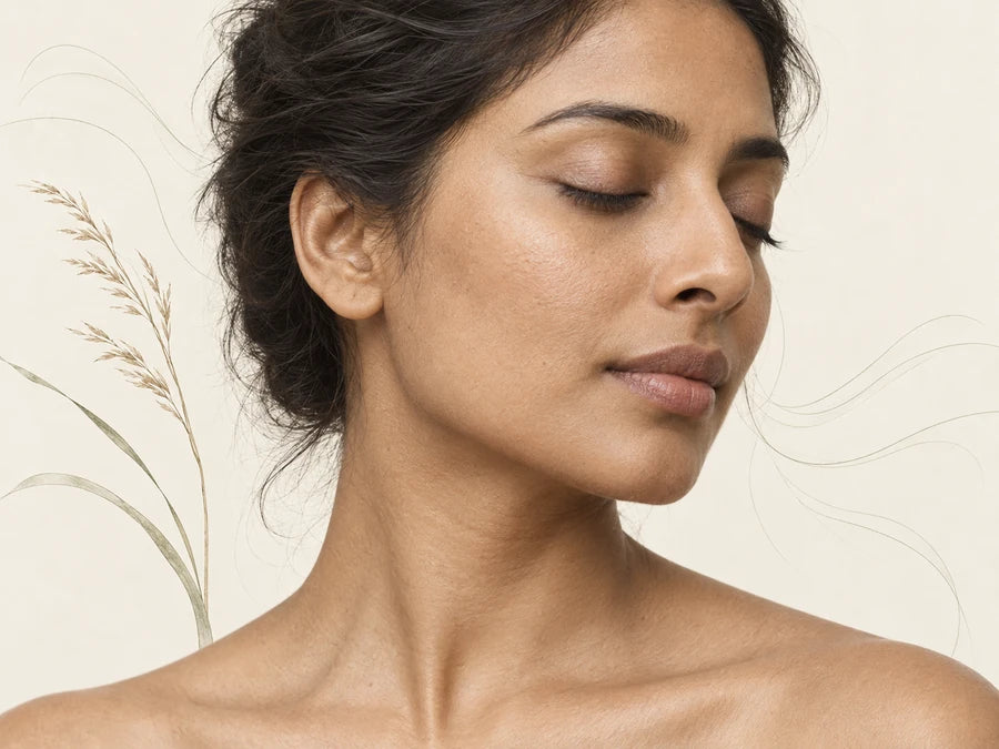 Illustrative skin study with a matte cheek texture, delicate grass and airy contour lines.