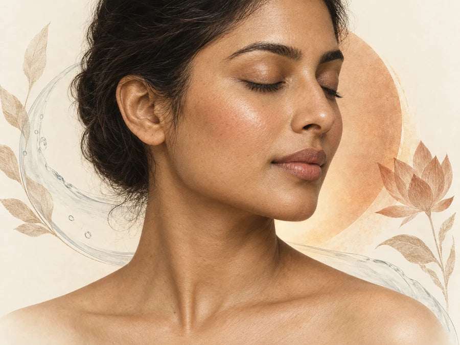 Illustrative skin study with a warm cheek blush, copper light and a translucent water curve.